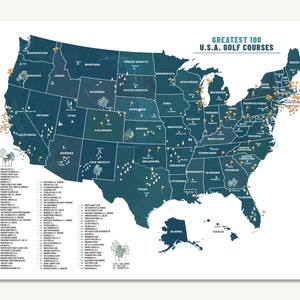 Gift for Dad, Golf gifts for Men, Map of Golf Courses, GREATEST 100 Golf Courses Map, UNFRAMED Paper Print, Golf Gift for Dad, Father&#39;s Day