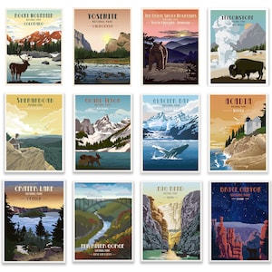 National Park Travel Gifts, Travel Poster of 63 USA National Parks, Postcard Size gifts for Traveler, Travel gifts, Mount Rainier, Zion