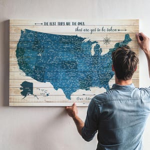 Personalized Push Pin Map, Custom USA Map Gift, Push Pin Travel Decor, Unique Gift for Travelers, Wooden Blue Rustic Road Trip United States