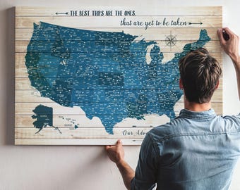 Personalized Push Pin Map, Custom USA Map Gift, Push Pin Travel Decor, Unique Gift for Travelers, Wooden Blue Rustic Road Trip United States