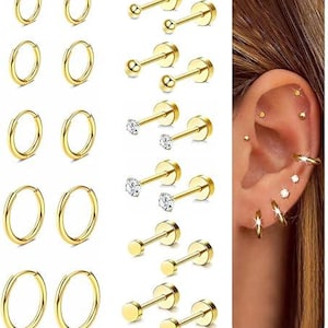 May include: A collection of gold-colored earrings, including small hoop earrings and stud earrings. Some studs feature clear, round gemstones. The image also shows an ear with multiple piercings, showcasing how the earrings can be worn.
