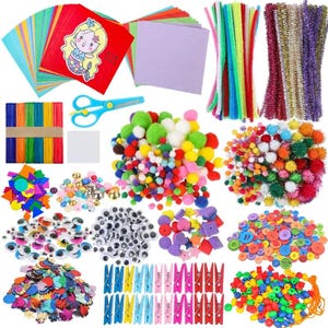 May include: A comprehensive arts and crafts supply kit featuring colorful construction paper, pipe cleaners, wooden craft sticks, googly eyes, pom-poms, buttons, beads, sequins, wooden clothespins, and a pair of blue plastic scissors for crafting.