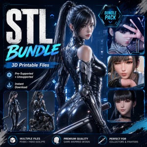 Può includere: Annuncio per un pacchetto STL di file stampabili in 3D. L'immagine presenta una figura femminile renderizzata digitalmente in un body nero, con più pose e sculture della testa. Il testo include "STL BUNDLE", "3D Printable Files" e "Instant Download".