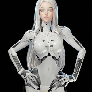 Op de afbeelding: Een futuristische vrouwelijke androïde met lang wit haar en een wit en zilver robotachtig lichaam. De androïde heeft een menselijk gezicht met make-up en poseert met armen aan de zijkanten. De achtergrond is zwart.
