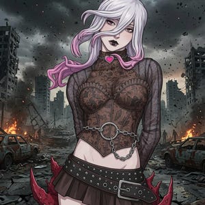 May include: An illustration of a character with white hair featuring pink tips, wearing a brown lace corset top with a silver chain belt, a black studded miniskirt, and a heart-shaped choker, set against a backdrop of a ruined city landscape.