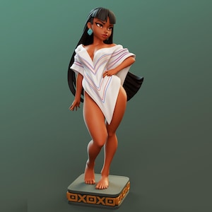 May include: A 3D-rendered figurine of a woman with long black hair, wearing a white poncho with red and blue stripes. She stands on a gray platform with gold trim and the text "OXOXO". The background is a solid teal color.