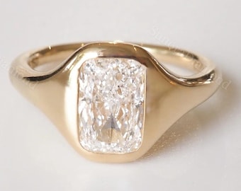 Cushion Cut Moissanite Diamond Ring, 14K Gold Bezel Engagement Ring, Solitaire Ring for her, Minimalist Statement Ring, Cushion Signet Ring