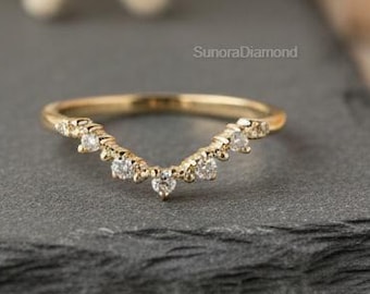 Curved Diamond Wedding Band | Minimal Gold Diamond Ring | Modern Bridal Jewelry | Dainty Diamond Band | V Shaped Minimalist Ring For Her