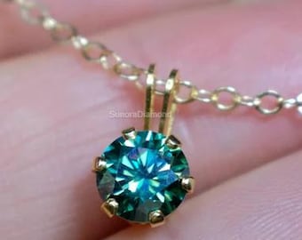 Blue Green Moissanite Necklace | Round Cut Gold Solitaire Pendant | Elegant Minimal Necklace | Anniversary Gift For Her