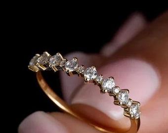 Round Moissanite Wedding Band, Dainty Gold Diamond Band, Minimalist Stackable Ring, Half Eternity Moissanite Band, Anniversary Gift for Her