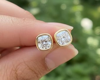 Cushion Cut Moissanite Diamond Stud Earrings | 14k gold earringsBezel Set
