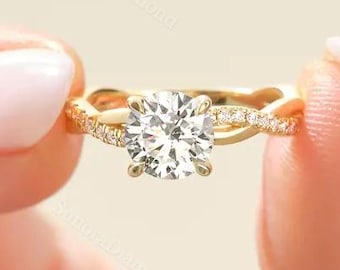 2.5Ct Round Cut Moissanite Ring, Twisted Gold Engagement Ring, Pave Band Ring, Unique Promise Ring, Minimalist Bridal Ring, Gift for her