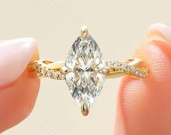 2Ct Marquise Cut Moissanite Engagement Ring, Twisted Pave Gold Band, Whisper Thin Ring, Minimalist Bridal Jewelry, Proposal Ring for Her