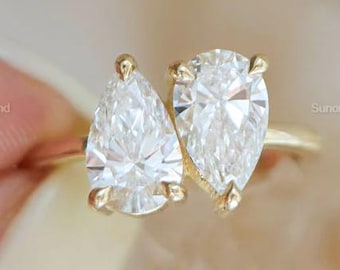 2CT Toi Et Moi Pear Moissanite Ring, Two Stone Engagement Ring, Teardrop Gold Ring, Minimalist Dainty Ring, Romantic Gift for Her