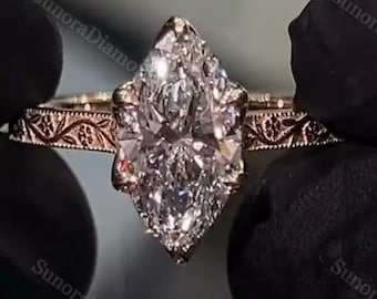 2.00CT Marquise Cut Moissanite Engagement Ring, Vintage Engraved Band Ring, Rose Gold Solitaire Ring, Art Deco Promise Ring, Bridal Jewelry