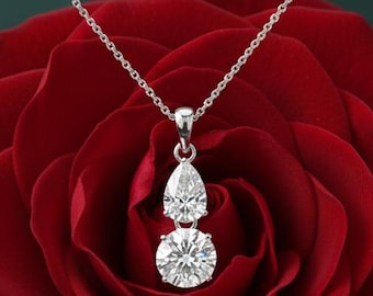 3 CT Pear & Round Cut Moissanite Pendant, Pear Cut Drop Necklace, 14k Gold Necklace, Anniversary Gift for Her