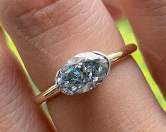 1.50 CT Gray Oval Moissanite East West Bezel Ring, 14k Yellow Gold Solitaire Engagement Ring, Promise Ring or Engagement Ring for Women