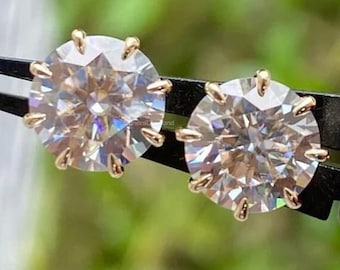 Round Cut Moissanite Stud Earrings | Screw Back Solitaire Earrings | Gold Prong Set Diamond Look Studs | Anniversary Gift For Her