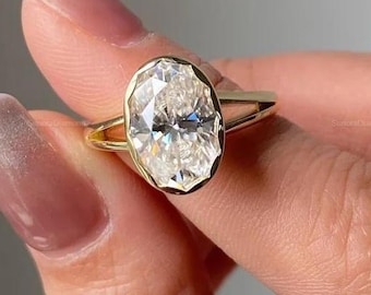 4CT Oval Moissanite Bezel Ring, Oval Cut Engagement Ring, Minimalist Gold Ring, Dainty Solitaire Ring, Modern Bridal Jewelry Gift