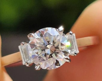 2CT Round Moissanite Three Stone Ring, Baguette Side Stone Engagement Ring, 14k Gold Ring, Minimalist Bridal Jewelry, Promise Gift for Her