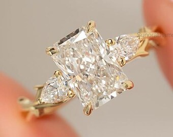 2CT Radiant Cut Moissanite Engagement Ring, 3 Stone Gold Ring, Gold Bridal Ring, Unique Proposal Ring for Her