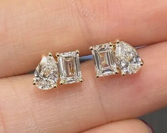 4CT Pear & Emerald Cut Diamond Stud Earring, Toi et Moi Diamond Earrings, Two Stone Wedding Stud, Modern Bridal Jewelry, Gift for Her