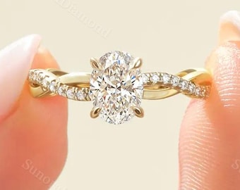 2Ct Oval Cut Moissanite Engagement Ring, Twisted Pave Band Ring, Yellow Gold Solitaire Ring, Unique Bridal, Promise Ring for Women