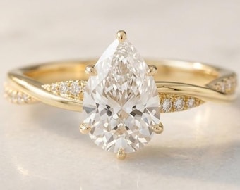 Pear Cut Moissanite Ring, Twisted Gold Engagement Ring, Pave Band Ring, 2.5Ct Pear Ring, Unique Promise Ring for Her, Minimalist Bridal Ring