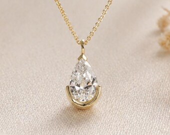 Pear Cut Lab Grown Diamond Pendant Necklace, 2CT Bezel Set Teardrop Diamond in 14K Yellow Gold,  Dainty Solitaire Anniversary Gift for Her