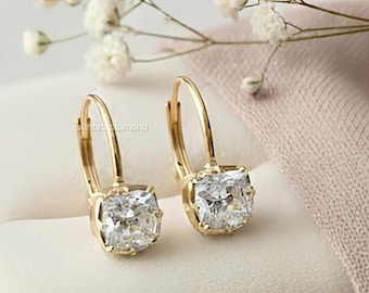 Cushion Cut Solitaire Gold Drop Earrings, Dainty Leverback Huggie, Minimalist Wedding Bridal Jewelry, Gift for Her