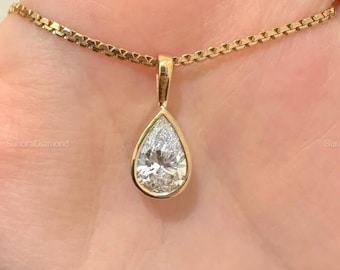 2.5CT Pear Moissanite Bezel Pendant Necklace, Teardrop Gold Necklace, Minimalist Dainty Jewelry, Everyday Necklace, Gift for Her