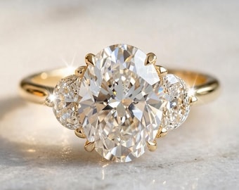 Oval Cut Moissanite Three Stone Ring, Gold Engagement Ring, 3 CT Oval Ring with Half Moon Stone, Minimal Bridal Ring, Promise Ring for Her