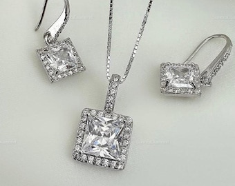 3CT Princess Cut Moissanite Jewelry Set | 14K Gold Pendant & Earrings | Square Halo Necklace Set | Bridal Jewelry Set | Anniversary Gift