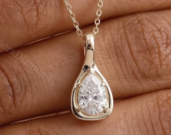 Pear Cut Moissanite Pendant, 2.50 Ct Bezel Set Pear Diamond Pendant, Pear Moissanite Charm 14k Yellow Gold Diamond Pendant Gift for Her