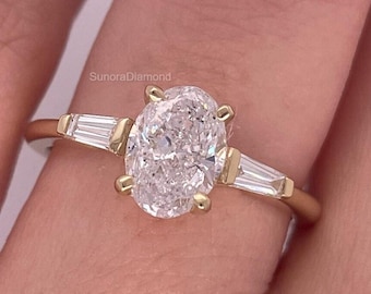 3ct Oval Cut Diamond Engagement Ring with Tapered Baguette Side Stones | Classic Three Stone Ring | Timeless Bridal Jewelry | Promise Ring