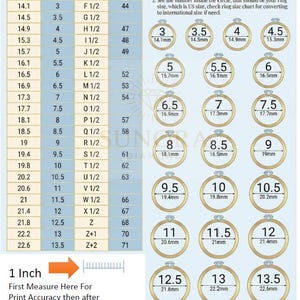 May include: Printable ring sizer chart with US, UK, and Euro ring sizes. Includes a guide to find your ring size using circles and a measuring strip. Features a table with ring diameters in mm.