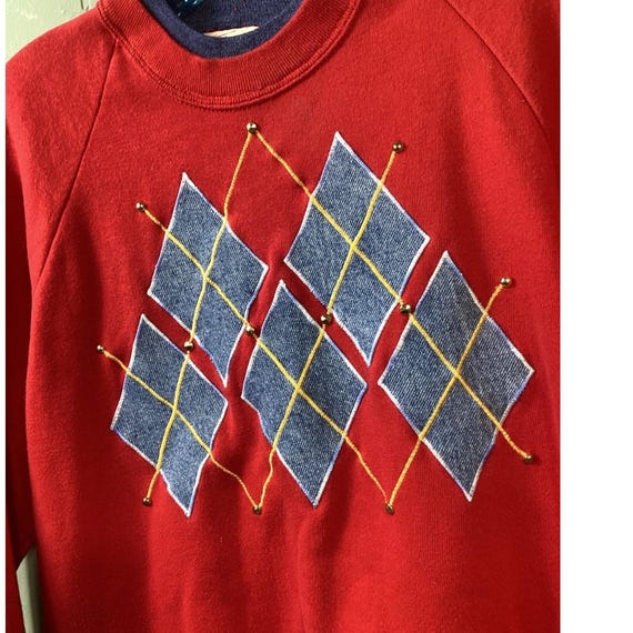 Vintage Red Argyle Denim Patchwork Sweatshirt Siz… - image 2