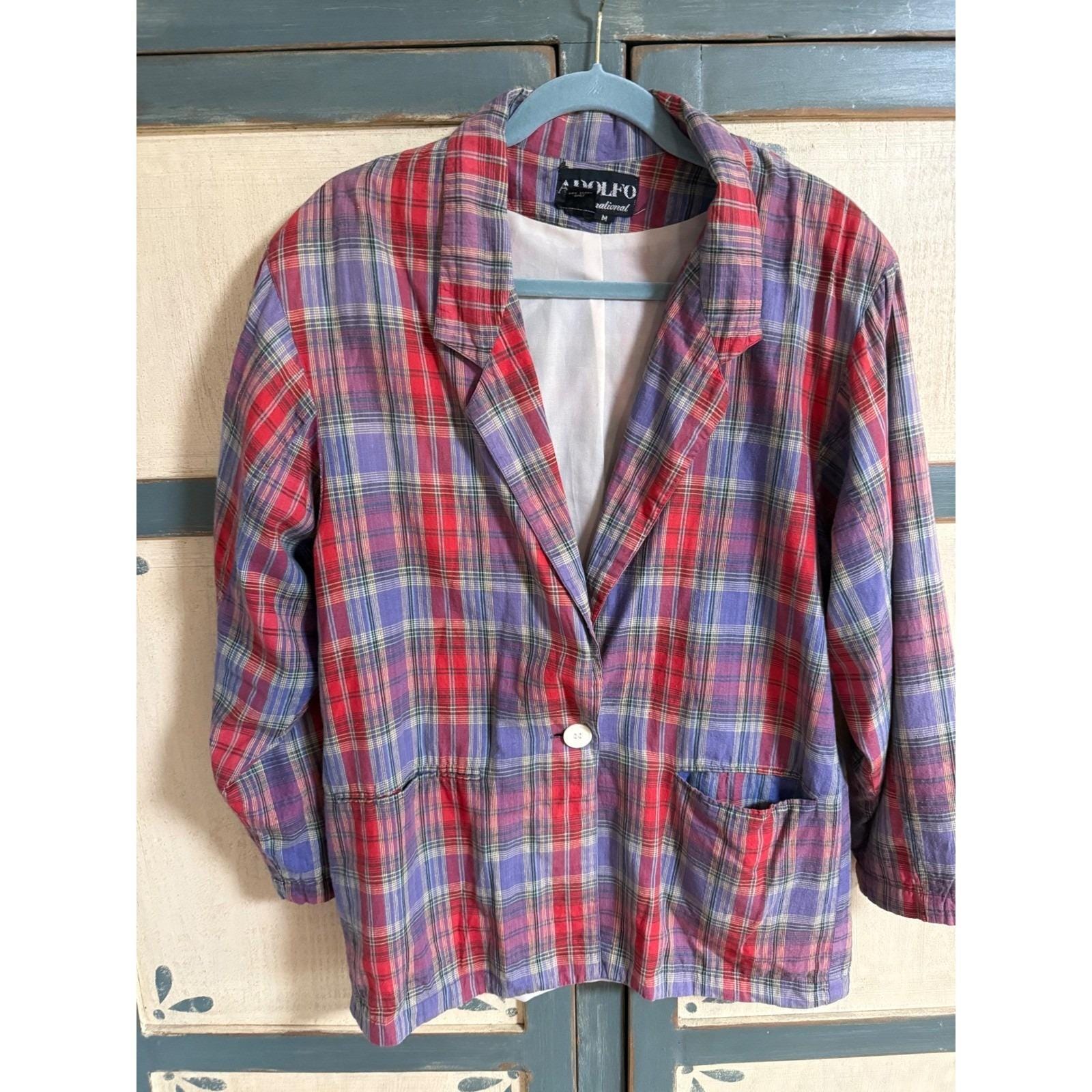 Adolfo International Mens Vintage Plaid Blazer Red Purple Blue Preppy Size M