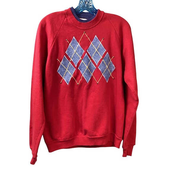Vintage Red Argyle Denim Patchwork Sweatshirt Siz… - image 1
