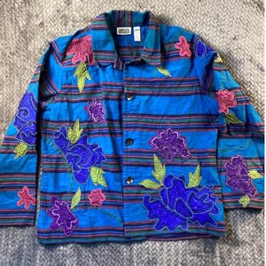 Chicos Design Blue Striped Floral Applique Beaded Cotton Jacket Size 3 XL Boho