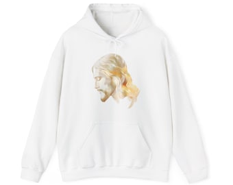 May include: White hoodie featuring a watercolor illustration of a man with long, flowing hair and a beard. The image is centered on the front of the hoodie, above the kangaroo pocket. The artwork has a soft, golden color palette.