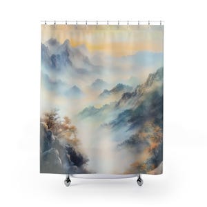 Misty Mountain Scenery Curtain - Soft Watercolor Art - Serene Outdoor Landscape - Calming Spa Aesthetic Bath Decor