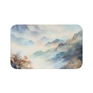 Misty Mountain Landscape Bath Mat - Foggy Peaks Watercolor Rug - Serene Nature Scenery & Grey Aesthetic Bathroom Decor Mat