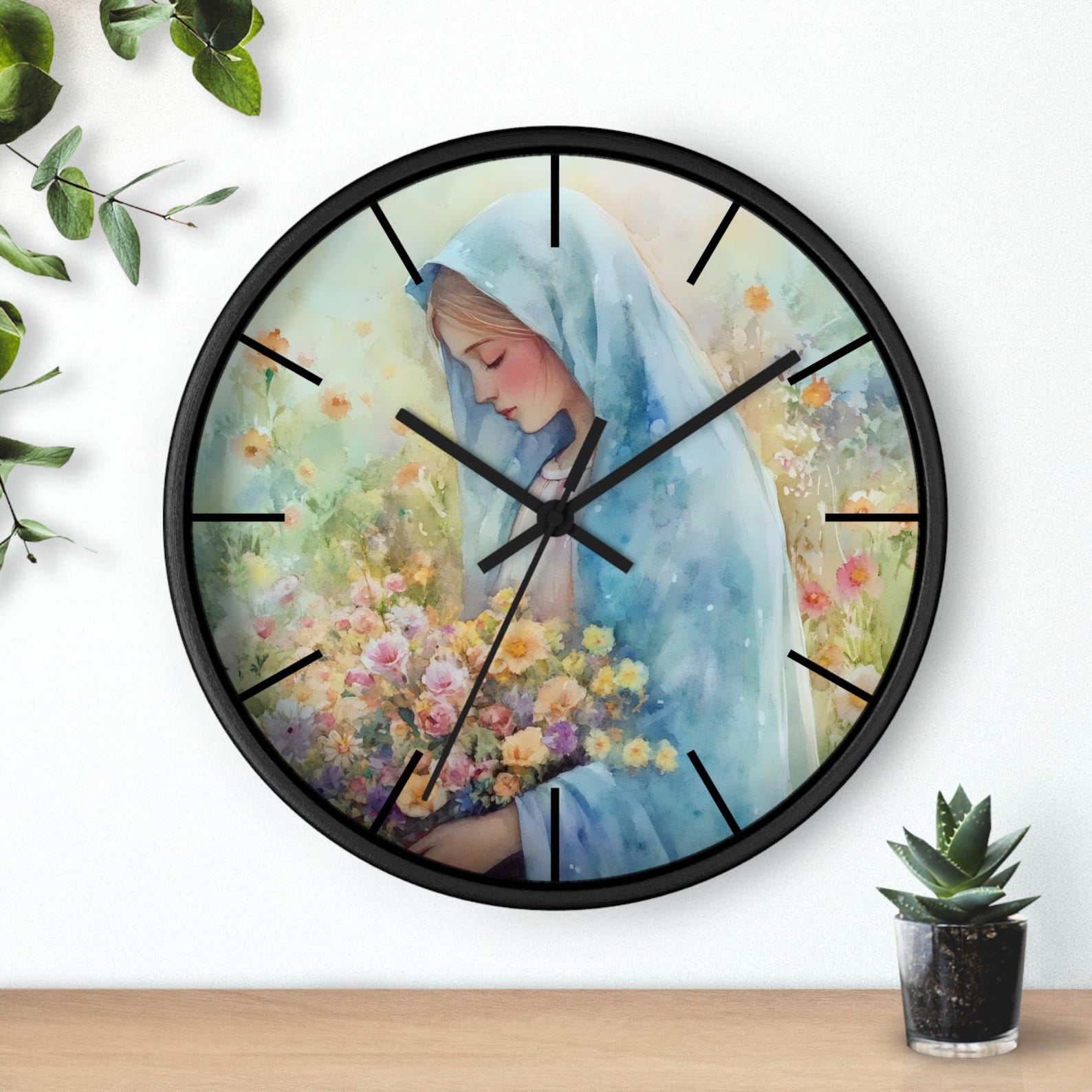 Madonna Flowers Virgin Mary Wall Clock - Catholic Religious Art Decor ...