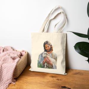 Jesus med lamm tygväska - God herde kristen konstväska - Religiös påsk tro gåva - Estetisk bibelshopper 100% bomull