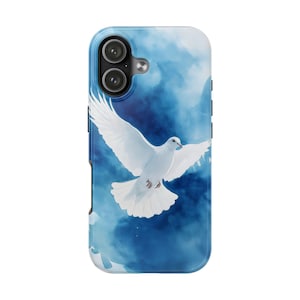 May include: A phone case featuring a white dove in flight against a blue sky background. The dove is depicted with outstretched wings, and the case has a glossy finish. The design evokes a sense of peace and freedom.