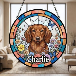 Atrapasueños personalizado para perros, regalo personalizado para perros, colgante para ventana impreso con UV con foto y nombre para mamá y abuela.