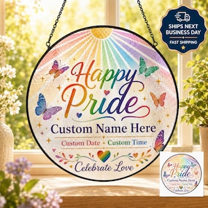 Personalized Pride Rainbow Butterflies Heart Glass Window Hanging Sign UV Printed Decor Custom Name Date Time Gift for Friends Loved Ones
