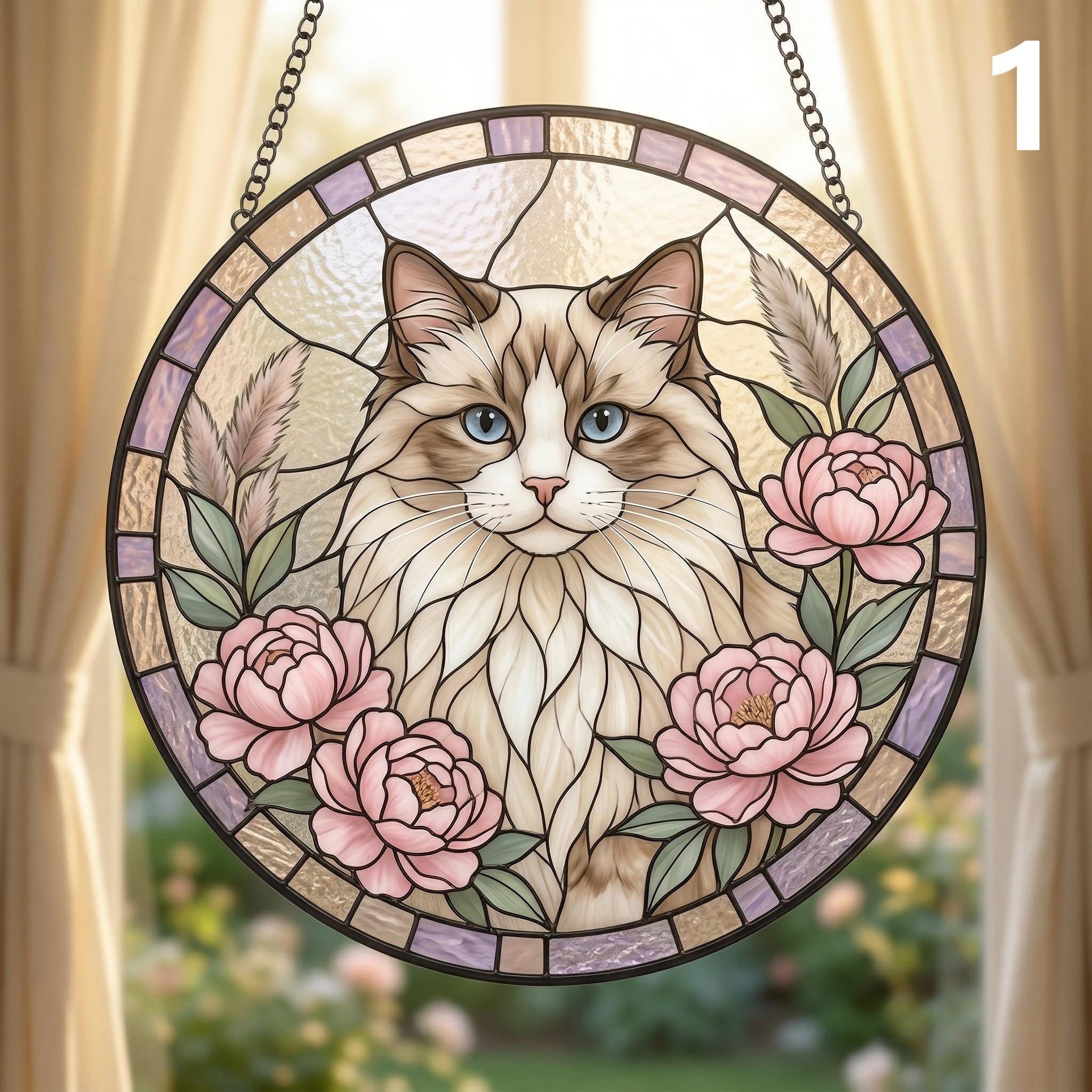 Mother's Day Gift Cat Stained Glass Suncatcher for Mom Floral Window ...