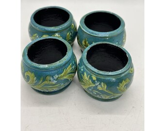 Set of 4 Hand Painted Wood Napkin Rings Blue Green Floral Folk Art Decor